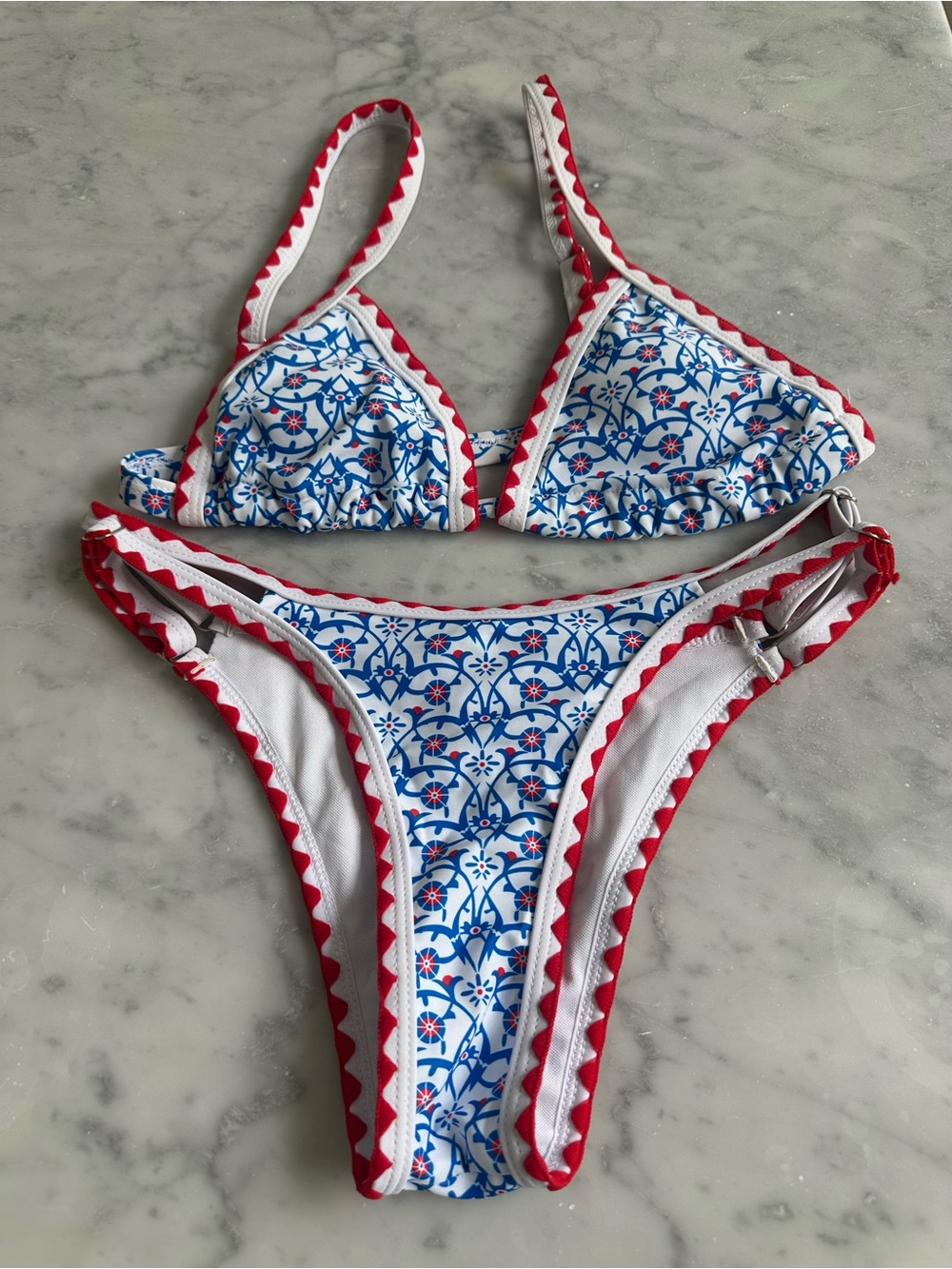 Blue & White Floral Bikini with Red Trim - Picture 2 of 9